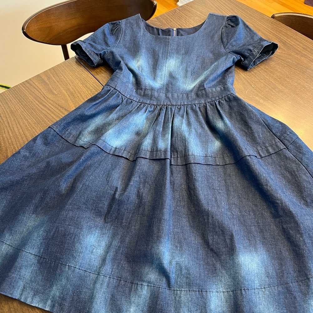 Flare Dress Small Blue Chambray Lined Puff Sleeve Midi Dress - Size 2-4